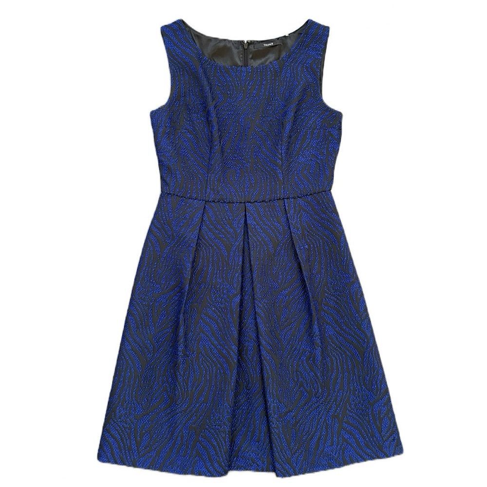 Tahari Black Blue Brocade Britta Sleeveless Lined Knee Length Dress Women's 6